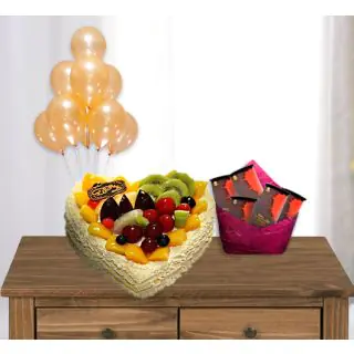  heart shape mix fruit cake with pack of 5 bournville chocolates with bunch of 5 blown balloons 