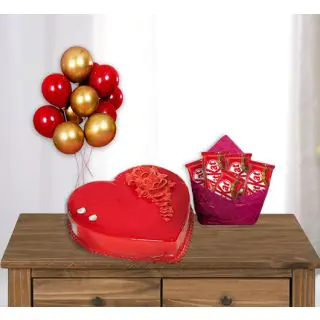 heart shape strawberry cake with pack of 5 kitkat chocolates with bunch of 5 blown balloons 