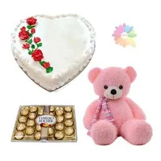 heart shape vanilla cake with 24 pcs rocher ferrero chocolates with 1 feet height pink colour teddy bear