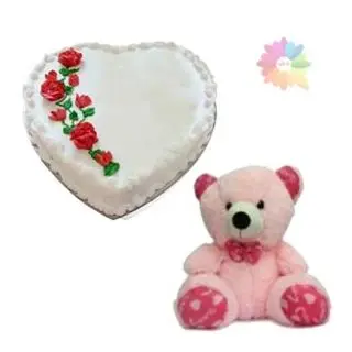 heart shape vanilla cake with 2 feet height teddy bear