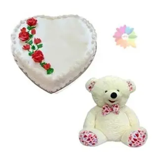  heart shape vanilla fresh cream cake with 2 feet height white teddy bear