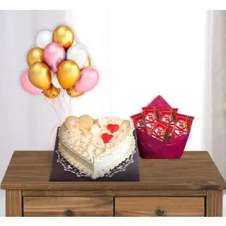 heart shape white forest premium quality cake with pack of 5 kitkat chocolates with bunch of 5 blown balloons