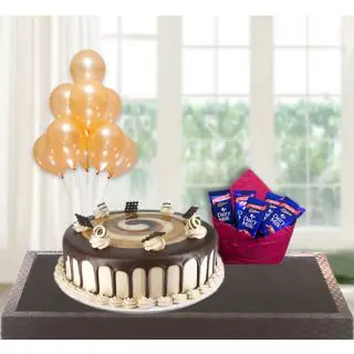 1 kg Irish coffee cake with pack of 5 dairy milk chocolates with bunch of 5 blown balloons