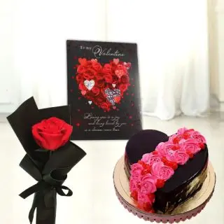 1 kg chocolate truffle heart shape cake,single white rose with  valentine Greeting card 