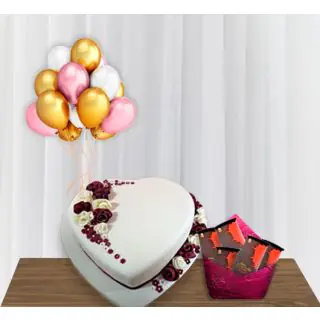 premium quality heart shape vanilla cake with bunch of 5 blown balloons with pack of 5 bournville chocolates 
