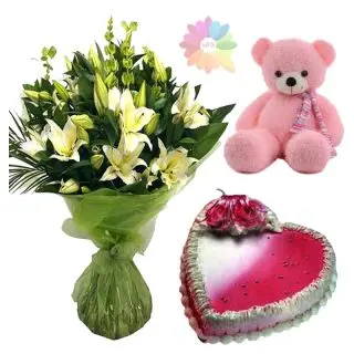 strawberry vanilla heart shape cake with bunch of 5 lilies with 1 feet height teddybear