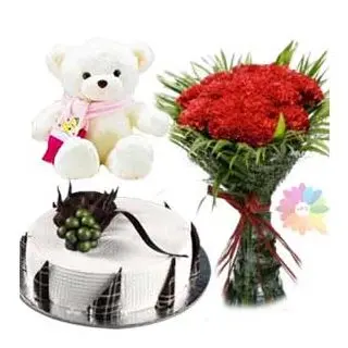  vanilla fresh cream cake with 15 red carnations with 1 feet height white teddybear