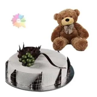 vanilla fresh cream cake  with 1 feet height teddy bear