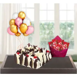  white forest premium quality cool cake with pack of 5 kitkat chocolates with bunch of 5 blown balloons 