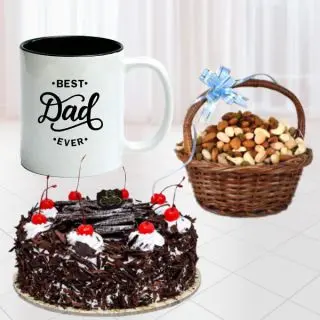 1 pound black forest cool cake ,half kg assorted nuts basket  with photo mug 