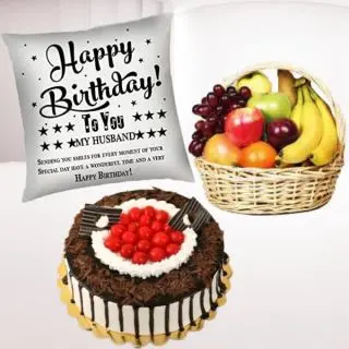 1 pound black forest premium quality cake, 2 kg assorted fruits basket with photo cushion 
