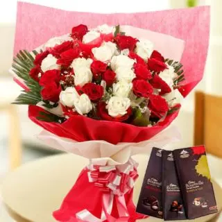 Bunch of 20 red and white roses with 3 bournville dark chocolates