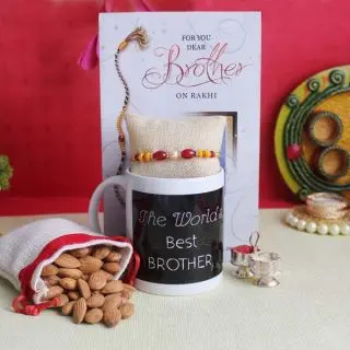 200 grams almonds, rakhi greeting card with rakhi and photo mug 