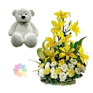 basket arrangement of lilies and roses with 1 feet height teddy bear 