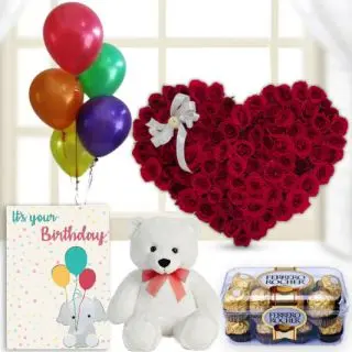 Heart shape arrangement of 100 red roses, 1 feet height teddybear , 16 pcs rocher ferrero chocolates, birthday Greeting card with 5 blown balloons  