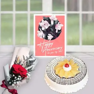 1 kg pineapple fresh cream cool cake,single red rose flower, anniversary card 