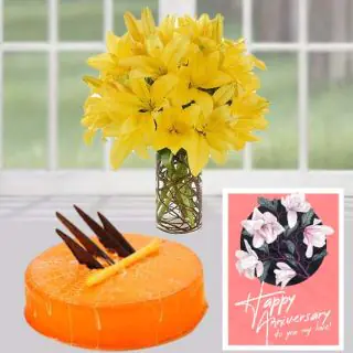 8 yellow lilies in glass vase,  orange cool cake, anniversary greeting card 