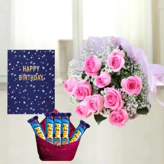 Bunch of 10 pink roses, pack of 5 perk chocolates, birthday greeting card 