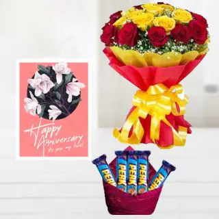 Bunch of 20 red and yellow roses,  pack of 5 perk chocolates, anniversary Greeting card