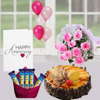Bunch of 10 pink roses,  Irish chocolate cake, pack of 5 perk chocolates, anniversary greeting card, with 5 blown balloons