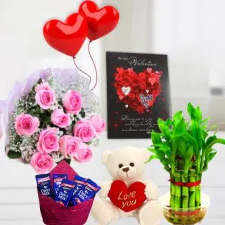Bunch of 10 pink roses, 6 inch  height teddybear, pack of 5 kitkat  chocolates, 2 layer Lucky bamboo plant, 5 blown balloons with greeting card 
