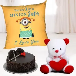 Half kg choco chips cake, 6 inch white teddybear , photo cushion 