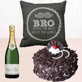 Bottle of chamagne , photo cushion with  half kg black forest cake 