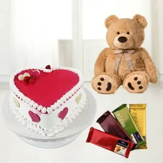 strawberry vanilla heart shape cocktail cake with set of 4 temptations with 1 feet height teddybear