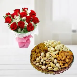 Bunch of 12 red roses with half kg dryfruits
