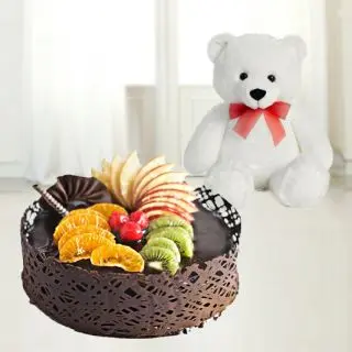  mix fruit premium quality cake with 1 feet  white teddy bear 