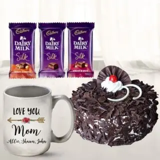 HAlf kg black forest cake, photo mug, with 3 dairy milk silk chocolates 