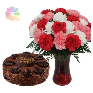 20 mix colour carnations arranged in glass vase with 1 pound chocolate cake