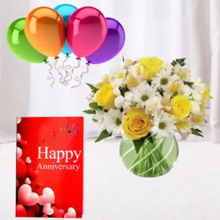 20 mix flowers arranged in glass vase , anniversary card with 5 blown balloons  