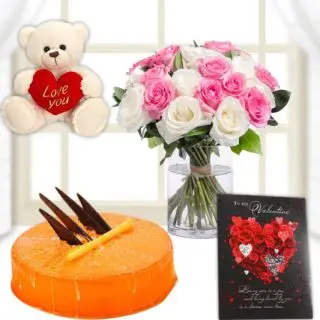 20 pink and white roses in glass vase, half kg orange cool cake, 6 inch white teddybear, valentine greeting card 