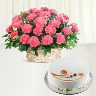 20 pink carnations basket arrangement with vanilla cool cake 