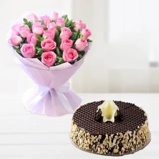 20 pink roses bunch with half kg chocolate walnut cake 