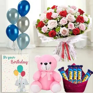 20 red and pink roses, 1feet height pink  teddybear , set of 5 perk  chocolates, birthday greeting card with 5 blown balloons 