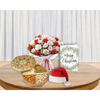 20 red and pink roses bouquet, half kg assorted dryfruits, santa cap with christmas greeting card