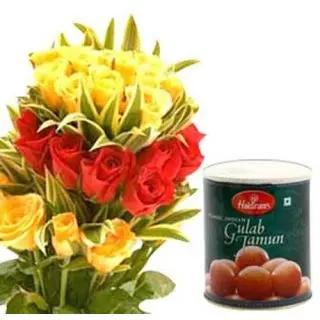 20 Red and yellow roses bunch with 1 kg gulab jamu