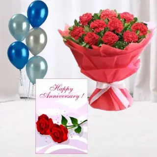 20 red carnations , 5 blown balloons with anniversary card 