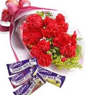 20 Red carnations with 4 pcs of Dairy Milk Cadbury