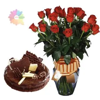 20 red roses arranged in glass vase with 1 kg chocolate truffle cake