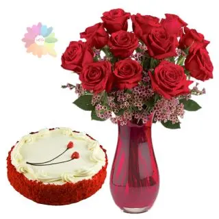 15 red roses arranged in glass vase with 1 kg red velvet fresh cream cake