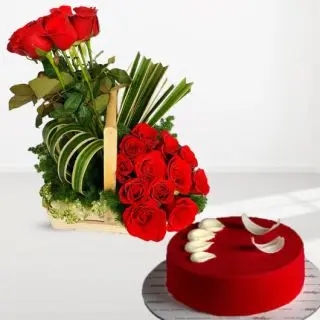 20 red roses basket arrangement with red velvet cool cake 