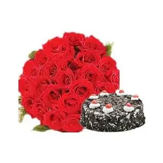 20 red rose Bunch with 1 kg black forest cake
