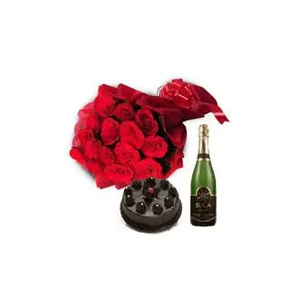 20 red roses bunch with 1 pound chocolate truffle with Bottle of red wine 