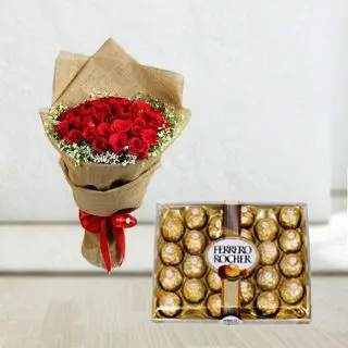 20 red roses bunch with box of 24 pcs rocher ferrero chocolates 