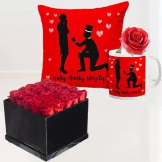 20 red roses in box with photo mug and photo cushion 