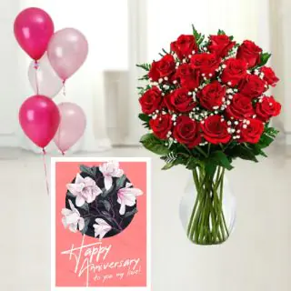 20 red roses in glass vase ,anniversary greeting card , 5 blown balloons 