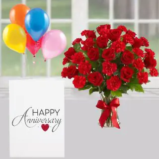 20 red roses with carnation in glass vase ,anniversary greeting card , 5 blown balloons 